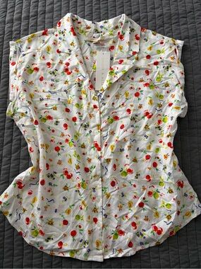 Cooper & Ella Citrus Print Blouse White Fruit Floral Button Front NWT Sz L